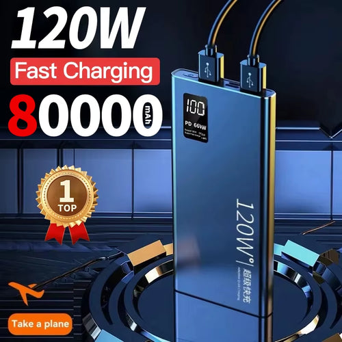80000Mah Power Bank 120W Super Fast Charging 100% Sufficient Capacity Portable Battery Charger Digital Display for Iphone Xiaomi